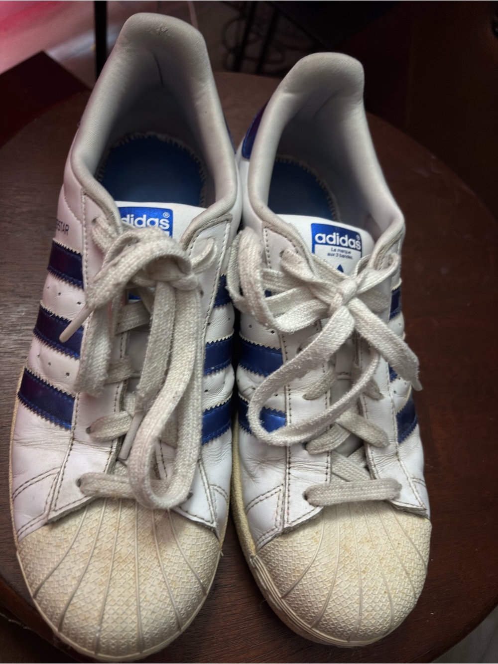 Adidas Originals Superstar White Blue Metallic Stripe Shell Toe Sneakers Women 8